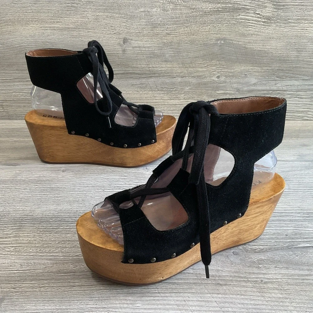 Y2K KDB Womens Sandals Vintage Wedge Size 7 Brazil Lace Up Suede Ankle Strap